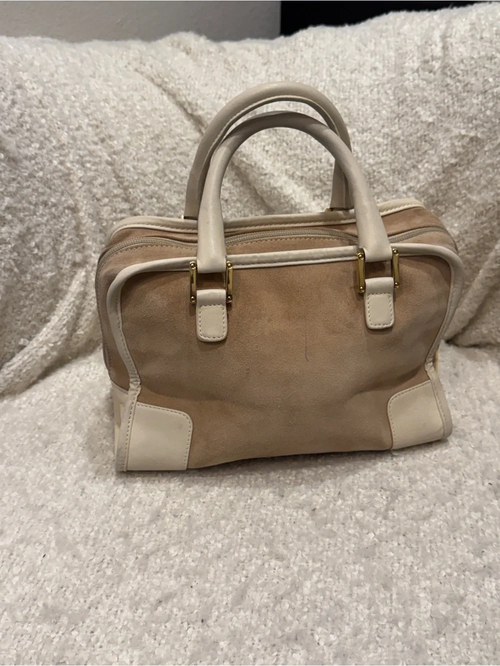 Loewe Amazona Vintage Beige Suede Satchel with Cream Leather Trim